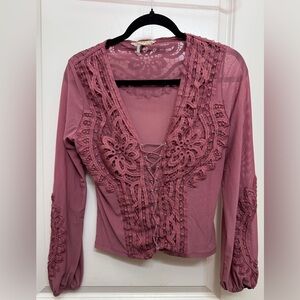 Lace-Up Crochet Detail Long Sleeve Top - Dusty Rose